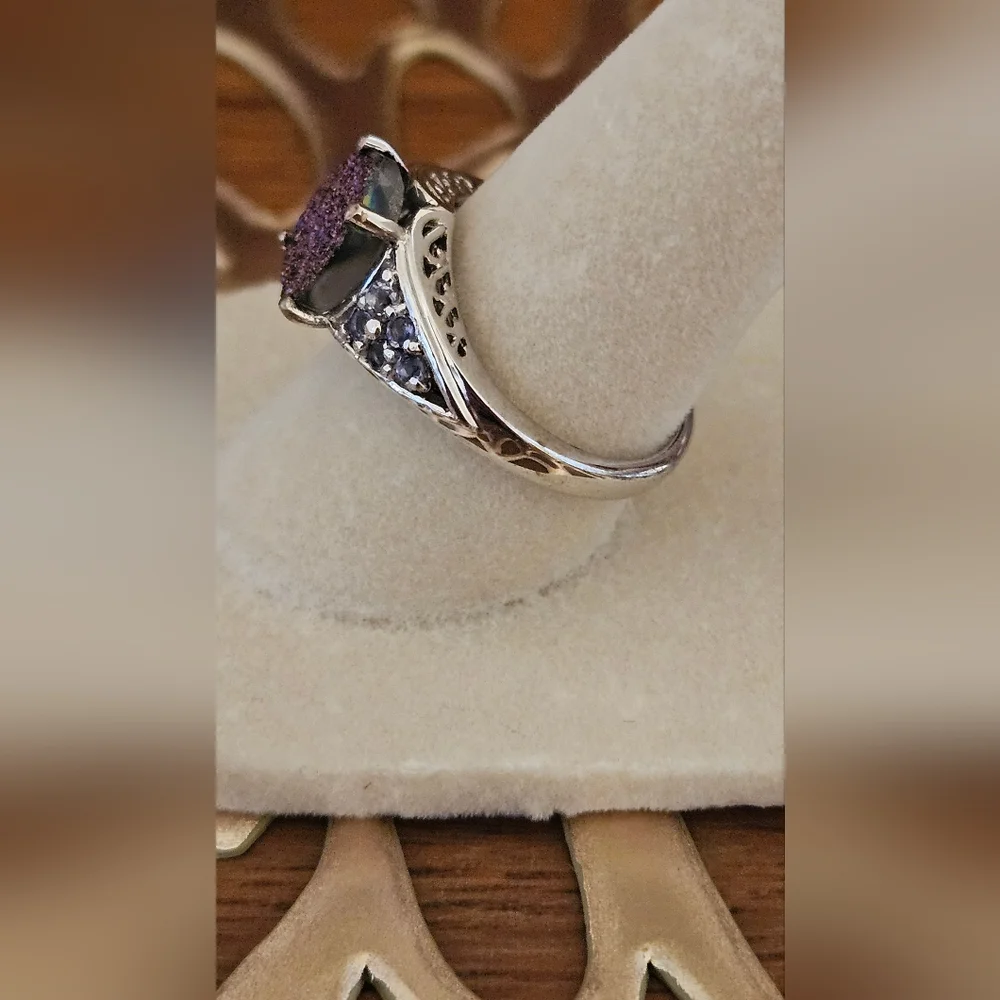 Purple Drusy & Iolite Ring Set In Platinum Over 925 Sterling Silver